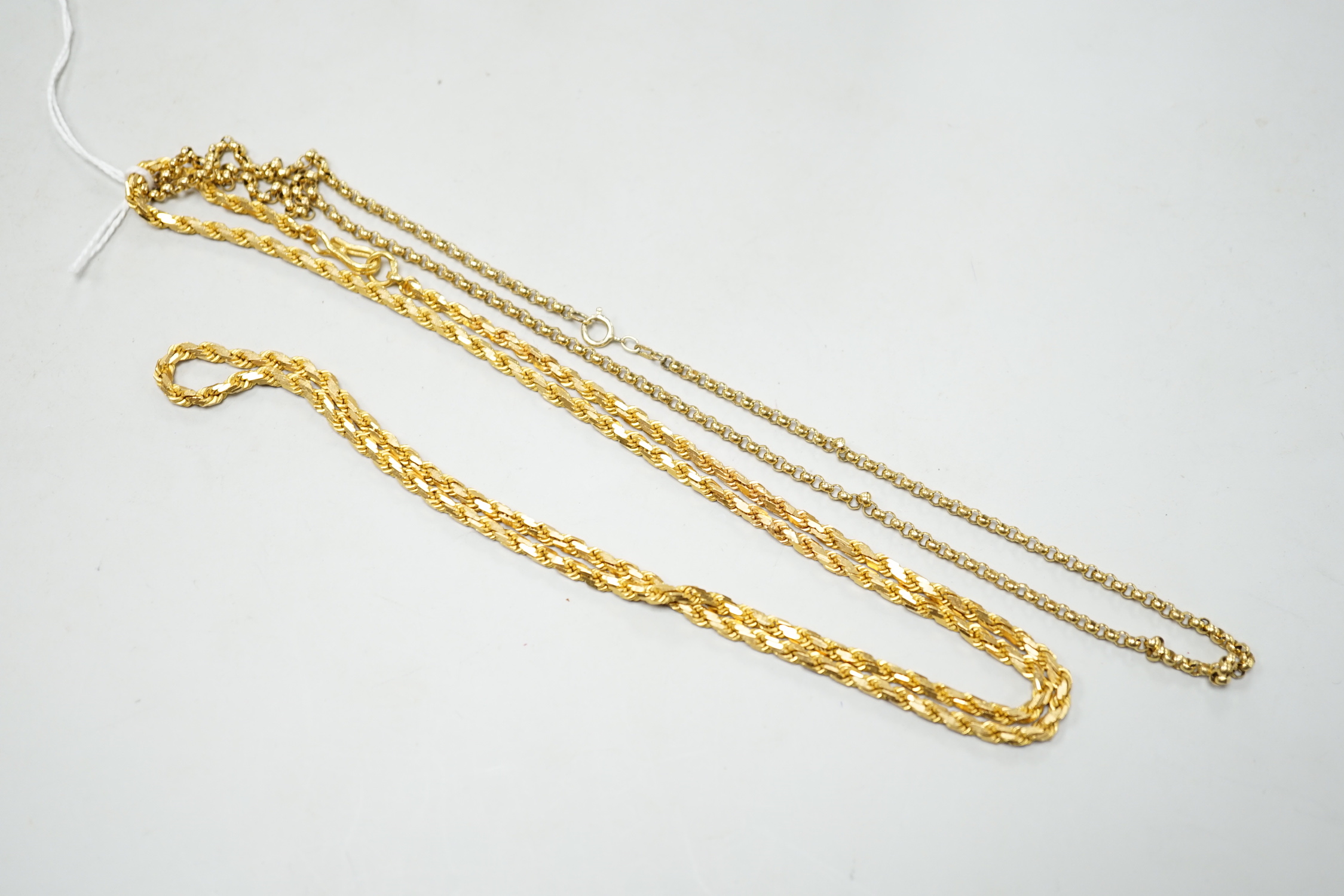 A yellow metal (stamped 916) chain, 70cm, 42.9 grams and a gold plated chain.